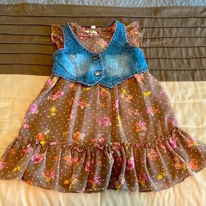 Adorable girls 4T brown floral print dress and denim vest.